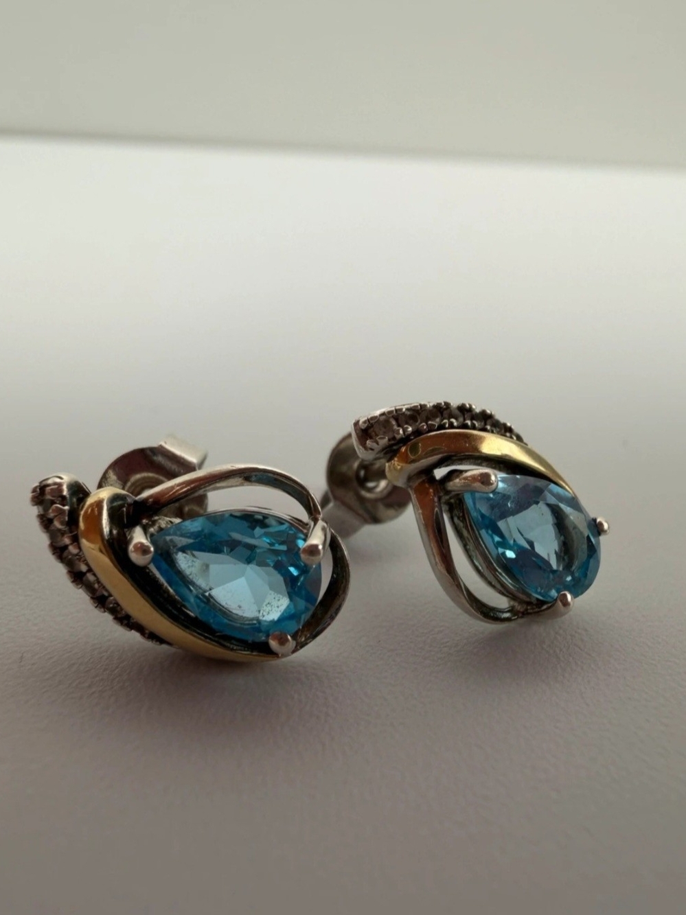 10k & SSilver Blue Topaz Teardrop Stud Earrings